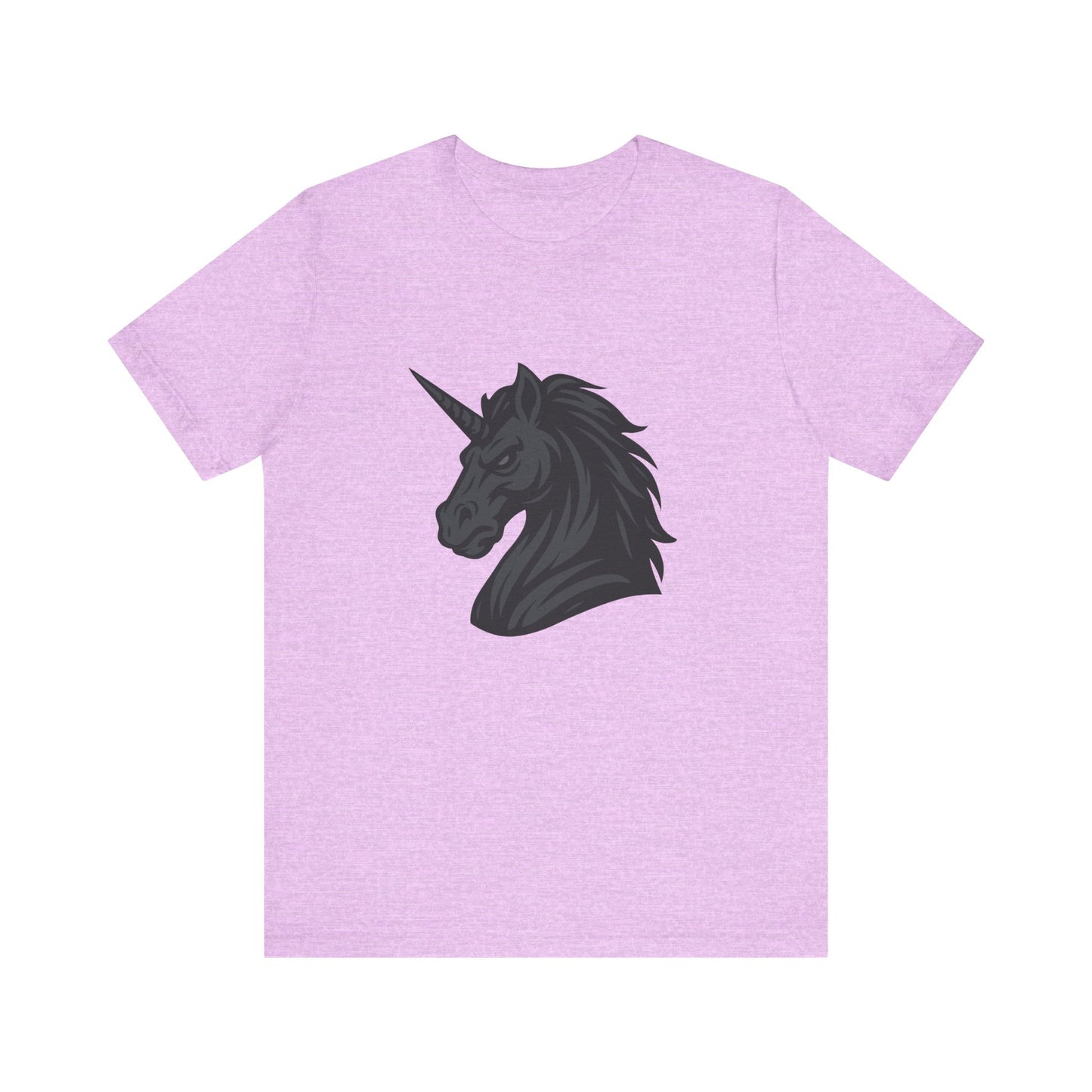 Dark Unicorn Profile T-Shirt – Dark Theme Grayscale Fierce Mythical Horse Design on Black Tee with Gothic Magic and Modern Ghost Effect. Unisex Jersey Short Sleeve Tee