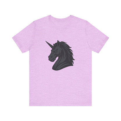 Dark Unicorn Profile T-Shirt – Dark Theme Grayscale Fierce Mythical Horse Design on Black Tee with Gothic Magic and Modern Ghost Effect. Unisex Jersey Short Sleeve Tee