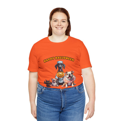 Happy Halloween Pet Parade Shirt – Cute Halloween Dogs and Cat in Costumes. Unisex Jersey Short Sleeve Tee