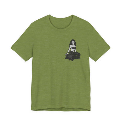 Mermaid Graphic T-Shirt – Dark Theme Grayscale Siren on Rock Design on Black Tee with Fantasy Vibes and Modern Ghost Effect. Unisex Jersey Short Sleeve Tee