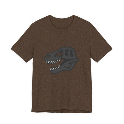 T-Rex Skull Graphic T-Shirt – Dark Theme Grayscale Dinosaur Skeleton Design on Black Tee with Prehistoric Edge and Modern Ghost Effect. Unisex Jersey Short Sleeve Tee