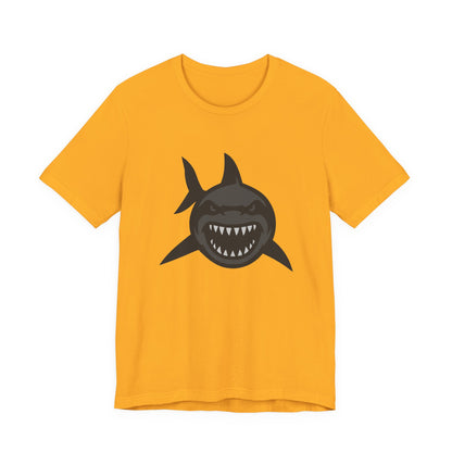 Ferocious Shark Face Graphic Tee with a Bold Bite – Dark Theme Ocean Predator Shirt in Black and Grey. Unisex Jersey Short Sleeve Tee