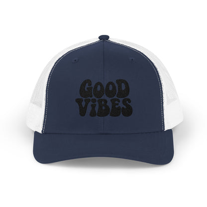 Good Vibes Trucker Hat – Embroidered Retro Text Hat for Positive Vibes, Chill Style, and Everyday Feel-Good Energy. Black Letters