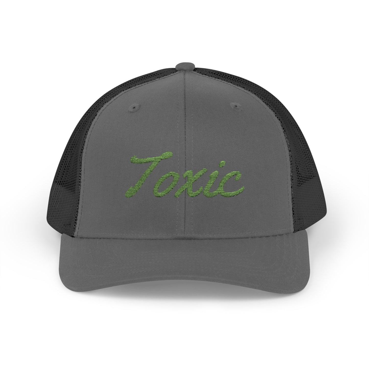 Toxic Trucker Hat – Embroidered Green Script Hat for Ironic Vibes and Bold Personality