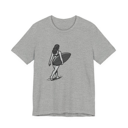 Surfer Girl Walking Graphic T-Shirt – Dark Theme Grayscale Beach Scene on Black Tee with Coastal Calm and Modern Ghost Effect. Unisex Jersey Short Sleeve Tee