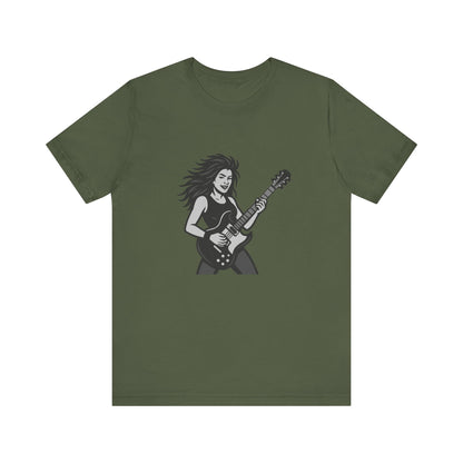 Rock Guitar Girl Graphic T-Shirt – Dark Theme Grayscale Electric Guitarist Design on Black Tee with Music Attitude and Modern Ghost Effect. Unisex Jersey Short Sleeve Tee