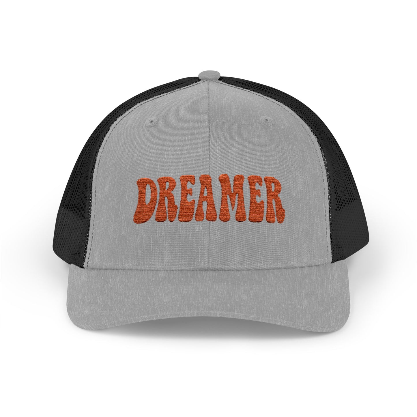 Dreamer Trucker Hat – Embroidered Minimalist Script Hat for Visionaries, Creatives, and Chill Daydreamers. Orange Letters