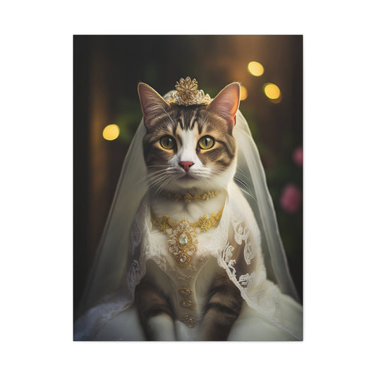 Cat Bride in White Lace Dress Canvas Art | Stretched Matte Wall Decor