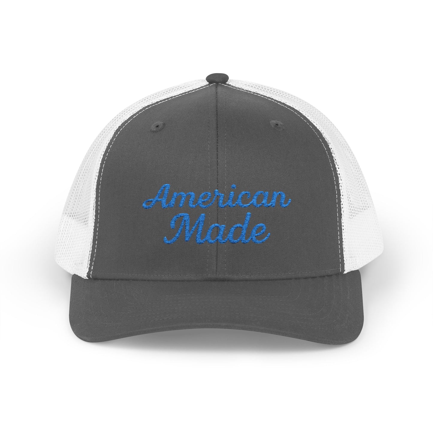 American Made Trucker Hat – Embroidered Patriotic Hat with Retro Script for USA Pride and Everyday Freedom. Blue Letters
