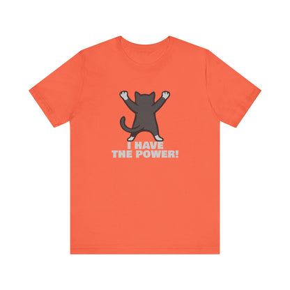 I Have the Power Cat Shirt – Hilarious Victory Pose in Dark Theme Feline Graphic Style. Unisex Jersey Short Sleeve Tee