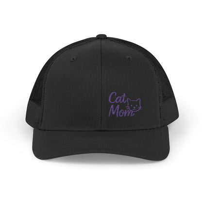 Cat Mom Trucker Hat – Embroidered Minimalist Cat Face Hat for Proud Pet Moms and Stylish Feline Fans. Purple Letters