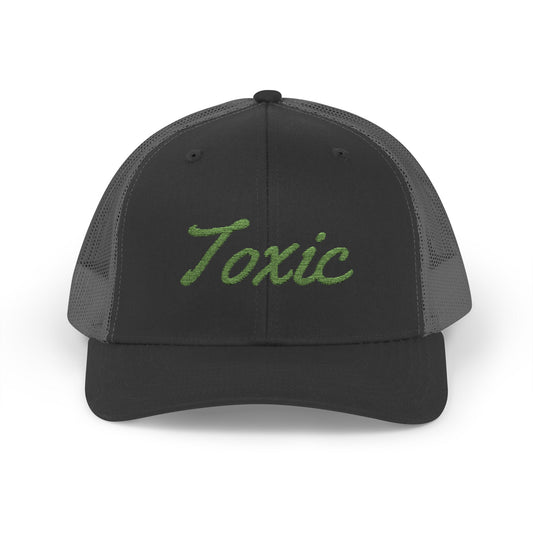 Toxic Trucker Hat – Embroidered Green Script Hat for Ironic Vibes and Bold Personality