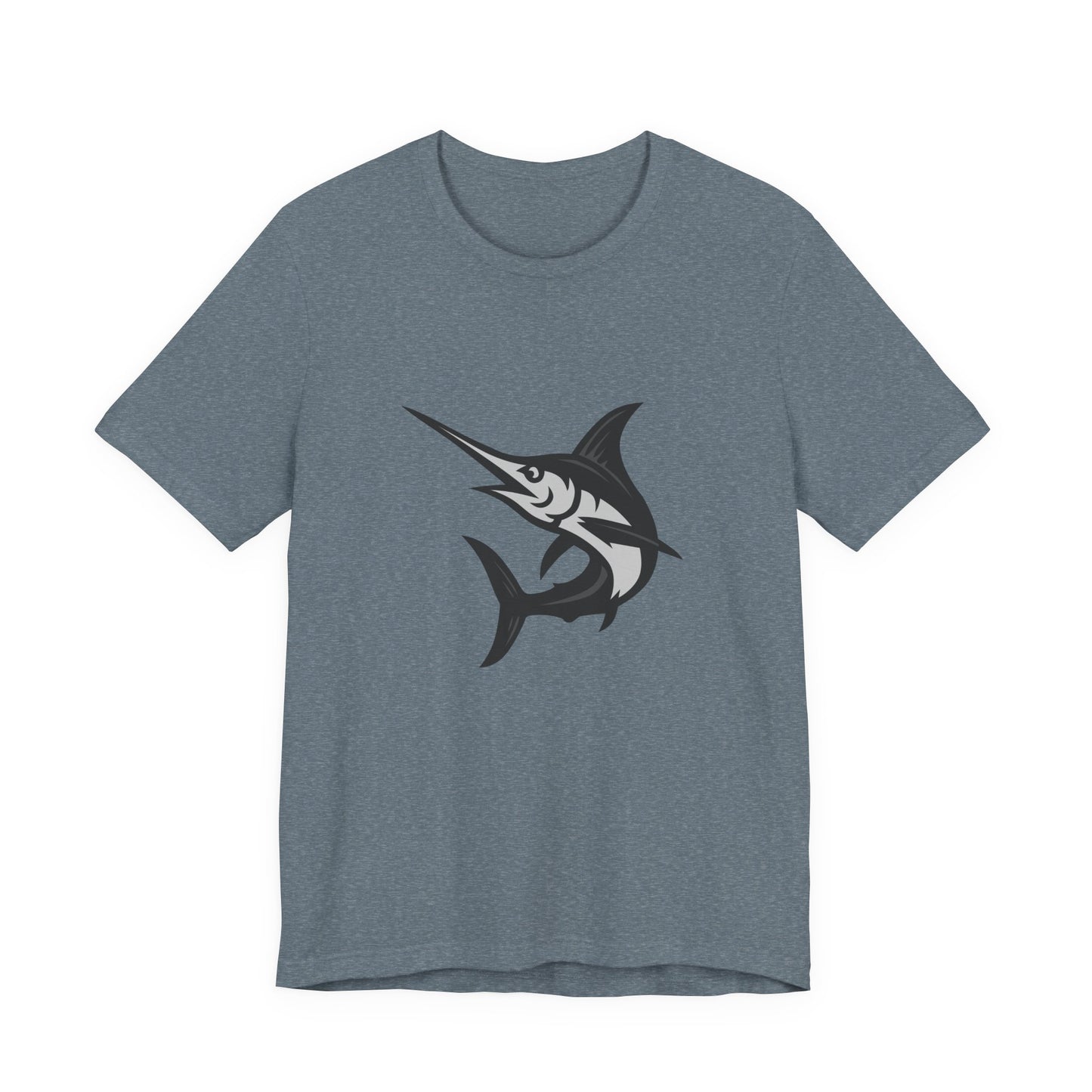 Swordfish Graphic T-Shirt – Dark Theme Grayscale Ocean Predator Design on Black Tee with Streamlined Power and Modern Ghost Effect. Unisex Jersey Short Sleeve Tee