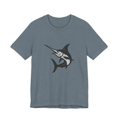 Swordfish Graphic T-Shirt – Dark Theme Grayscale Ocean Predator Design on Black Tee with Streamlined Power and Modern Ghost Effect. Unisex Jersey Short Sleeve Tee