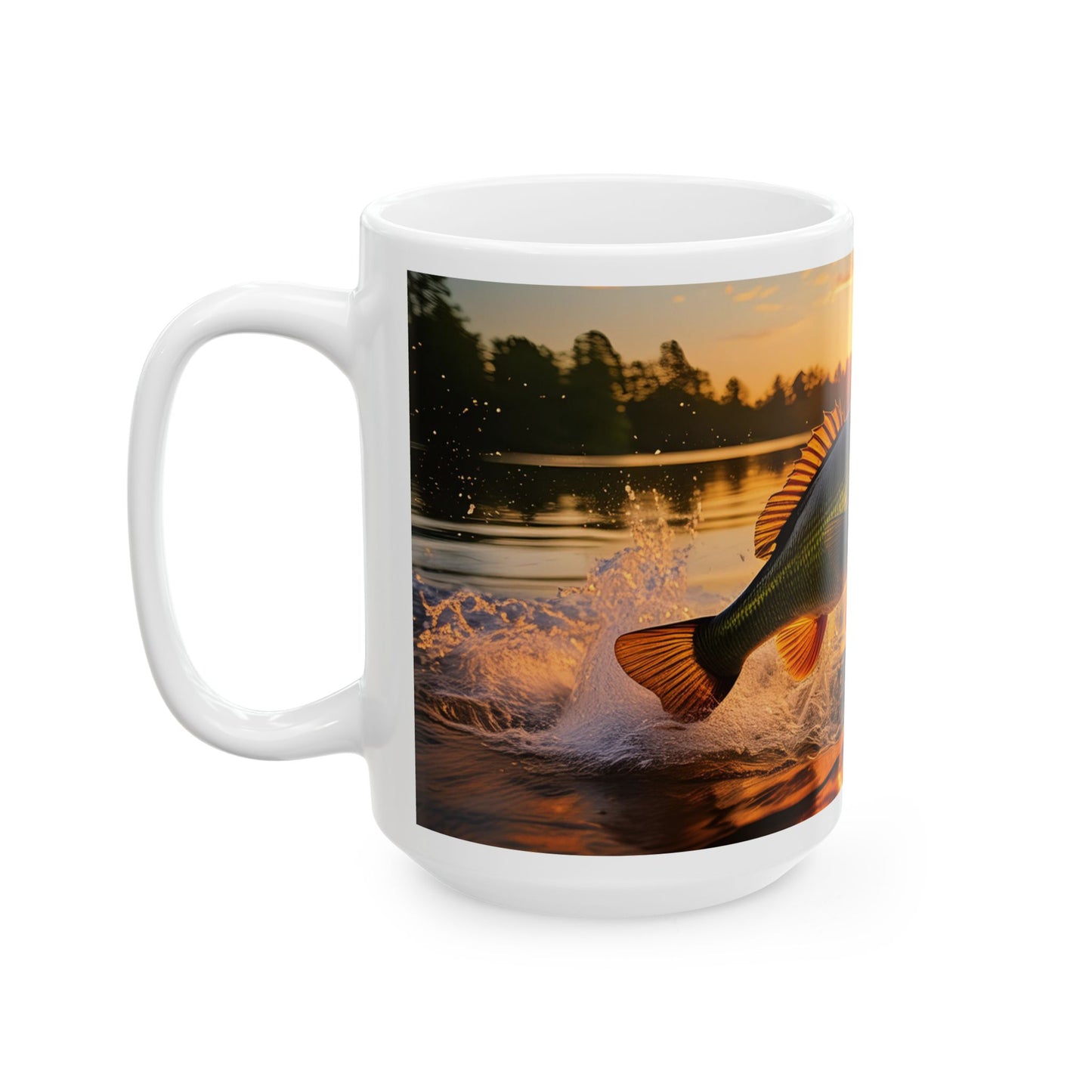 Bass Jumping out of Lake Ceramic Mug, (11oz, 15oz)