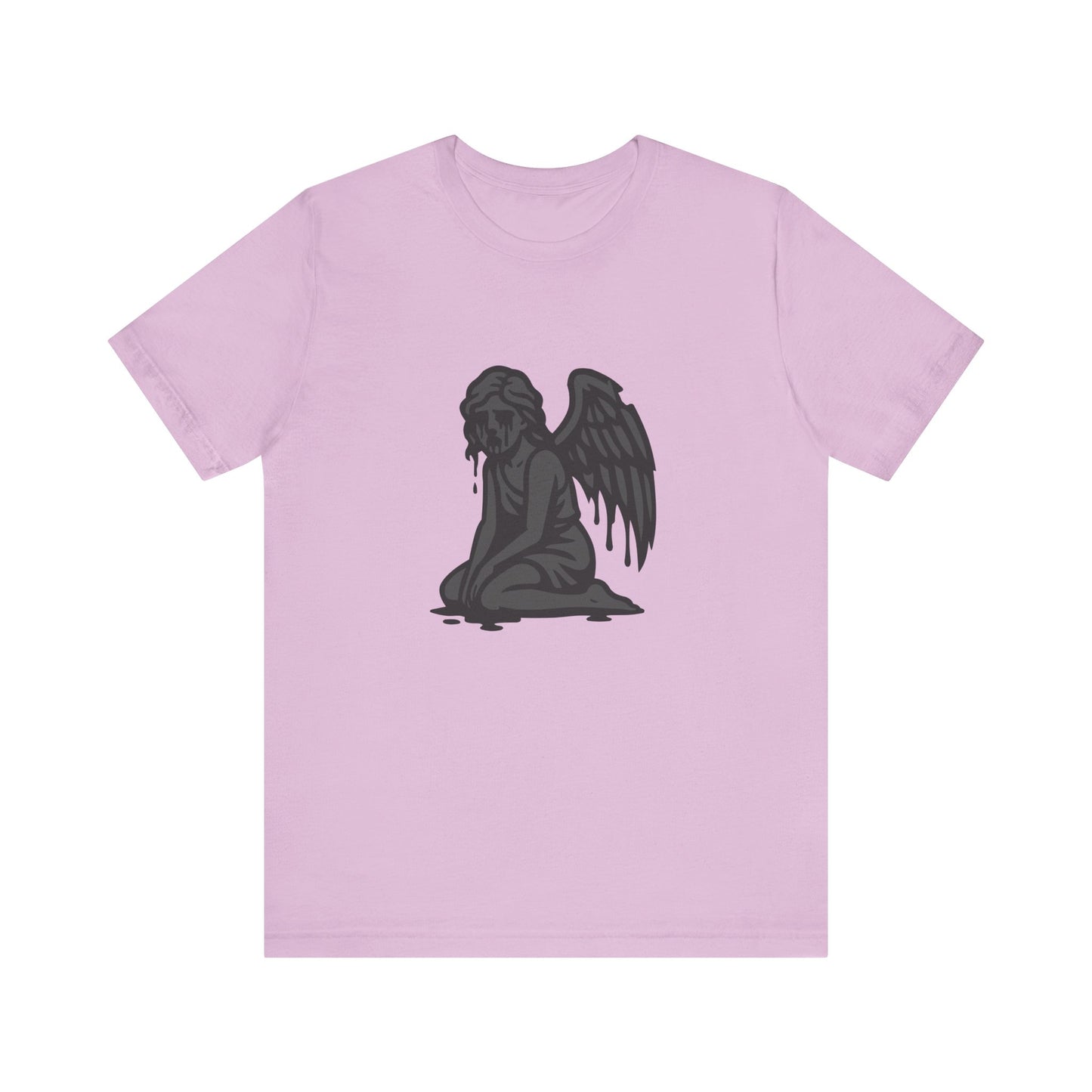 Fallen Angel Dark Theme Graphic T-Shirt – Dark Grayscale Crying Angel Design on Black Tee with Gothic Mood and Modern Ghost Effect. Unisex Jersey Short Sleeve Tee