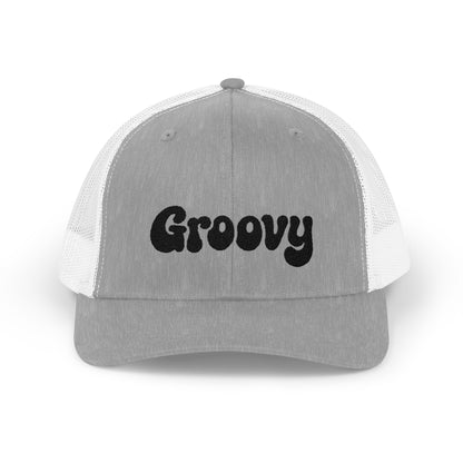 Groovy Trucker Hat – Retro Embroidered Hat with 70s Style Font for Funky Vibes, Chill Days, and Vintage Cool. Black Letters