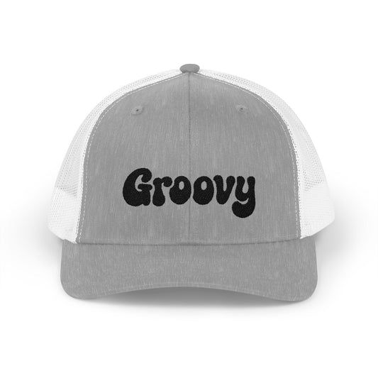 Groovy Trucker Hat – Retro Embroidered Hat with 70s Style Font for Funky Vibes, Chill Days, and Vintage Cool. Black Letters