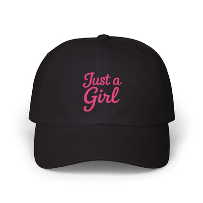 Just a Girl Embroidered Classic Dad Hat – Minimalist Script Baseball Hat with Bold Feminine Energy and Classic Style. Pink Letters