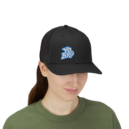 Yo Bro Trucker Hat – Embroidered Blue & White Hat for Laid-Back Vibes