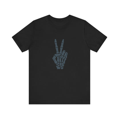 Skeleton Peace Hand Graphic T-Shirt – Gritty Dark Theme Grayscale Bones on Black Tee with Rebellious Calm and Modern Ghost Effect. Unisex Jersey Short Sleeve Tee