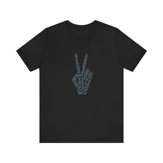 Skeleton Peace Hand Graphic T-Shirt – Gritty Dark Theme Grayscale Bones on Black Tee with Rebellious Calm and Modern Ghost Effect. Unisex Jersey Short Sleeve Tee