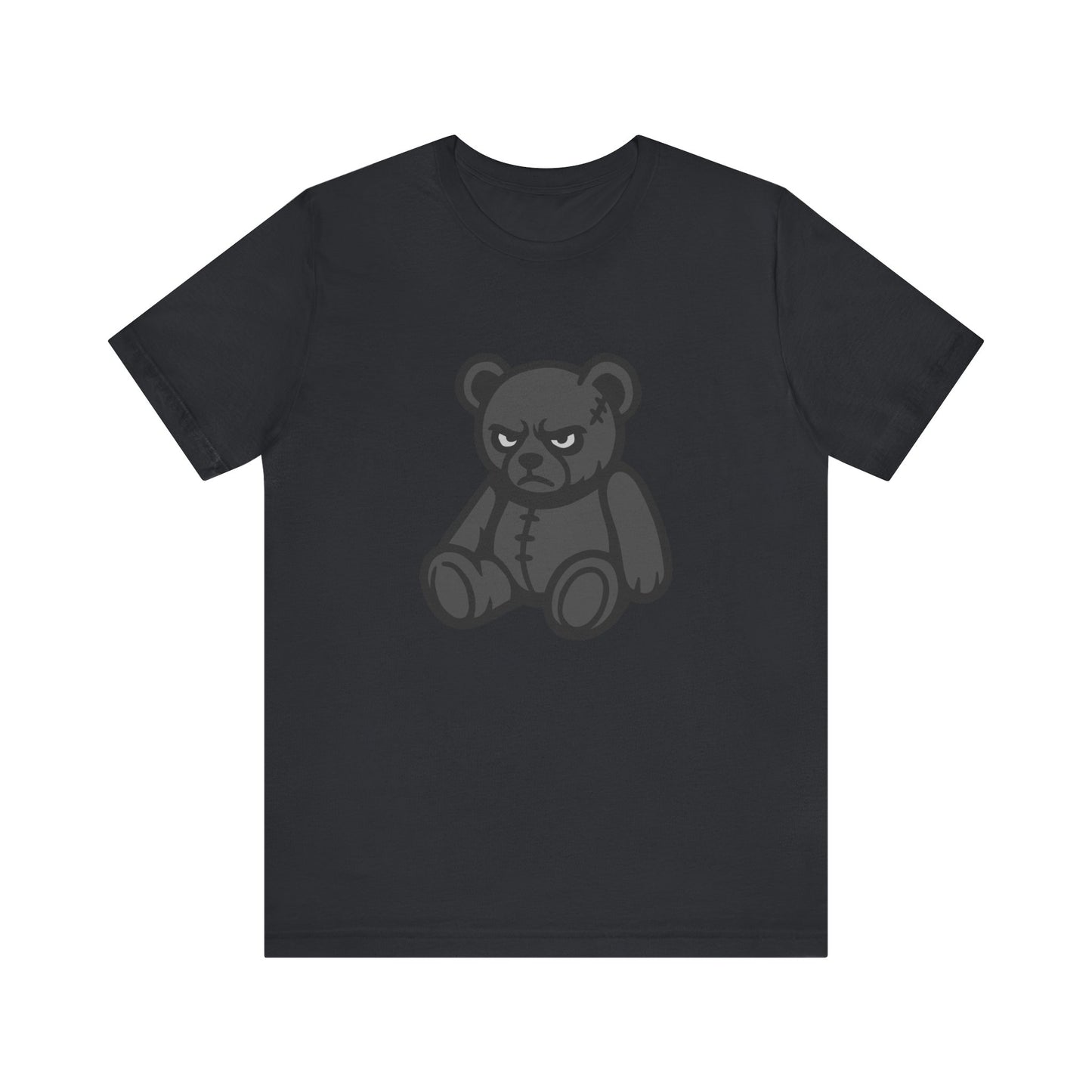 Angry Teddy Bear Graphic T-Shirt – Dark Theme Grayscale Plush with Attitude on Black Tee for Edgy or Ironic Style. Unisex Jersey Short Sleeve Tee