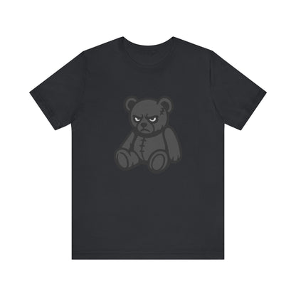 Angry Teddy Bear Graphic T-Shirt – Dark Theme Grayscale Plush with Attitude on Black Tee for Edgy or Ironic Style. Unisex Jersey Short Sleeve Tee