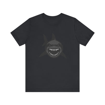 Ferocious Shark Face Graphic Tee with a Bold Bite – Dark Theme Ocean Predator Shirt in Black and Grey. Unisex Jersey Short Sleeve Tee