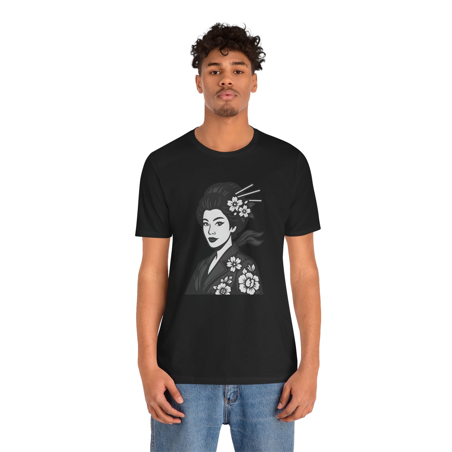 Floral Geisha Graphic Tee Dark Theme – Elegant Vector Portrait with Modern Ghost Effect