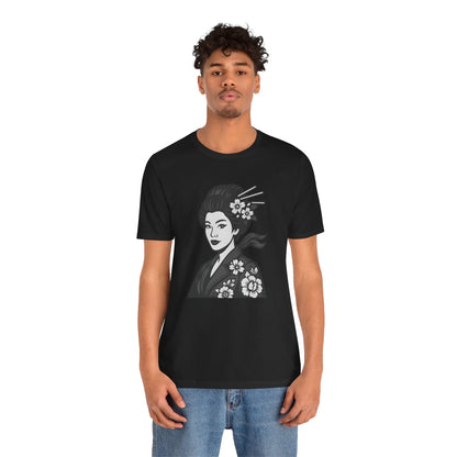 Floral Geisha Graphic Tee Dark Theme – Elegant Vector Portrait with Modern Ghost Effect