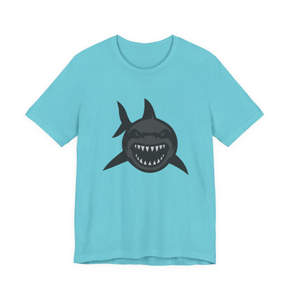 Ferocious Shark Face Graphic Tee with a Bold Bite – Dark Theme Ocean Predator Shirt in Black and Grey. Unisex Jersey Short Sleeve Tee