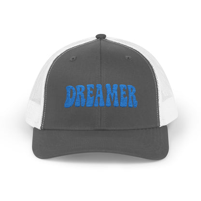 Dreamer Trucker Hat – Embroidered Minimalist Script Hat for Visionaries, Creatives, and Chill Daydreamers. Blue Letters