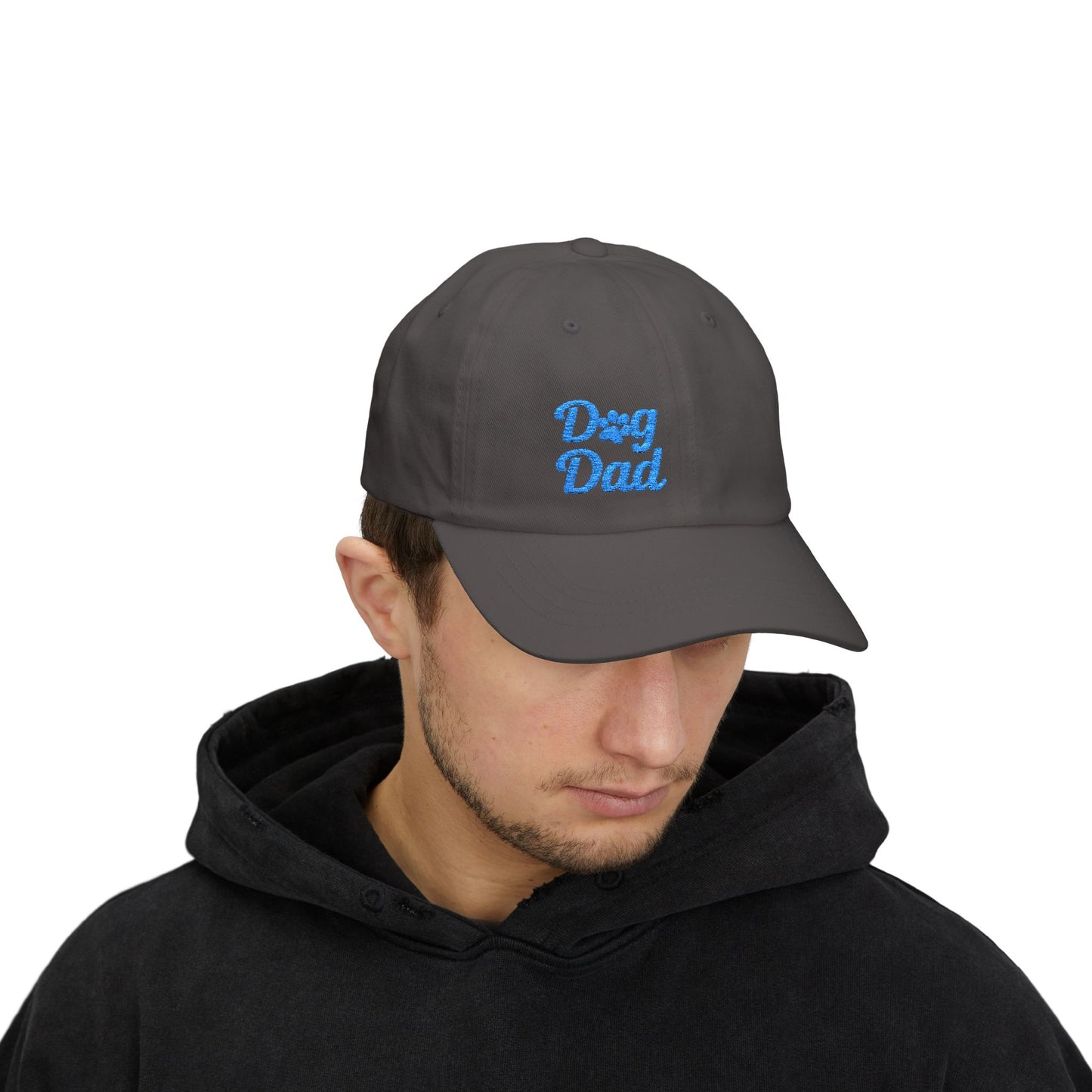 Dog Dad Classic Dad Hat – Embroidered Minimalist Dog Face Hat for Proud Pet Dads and Canine Companions. Blue Letters