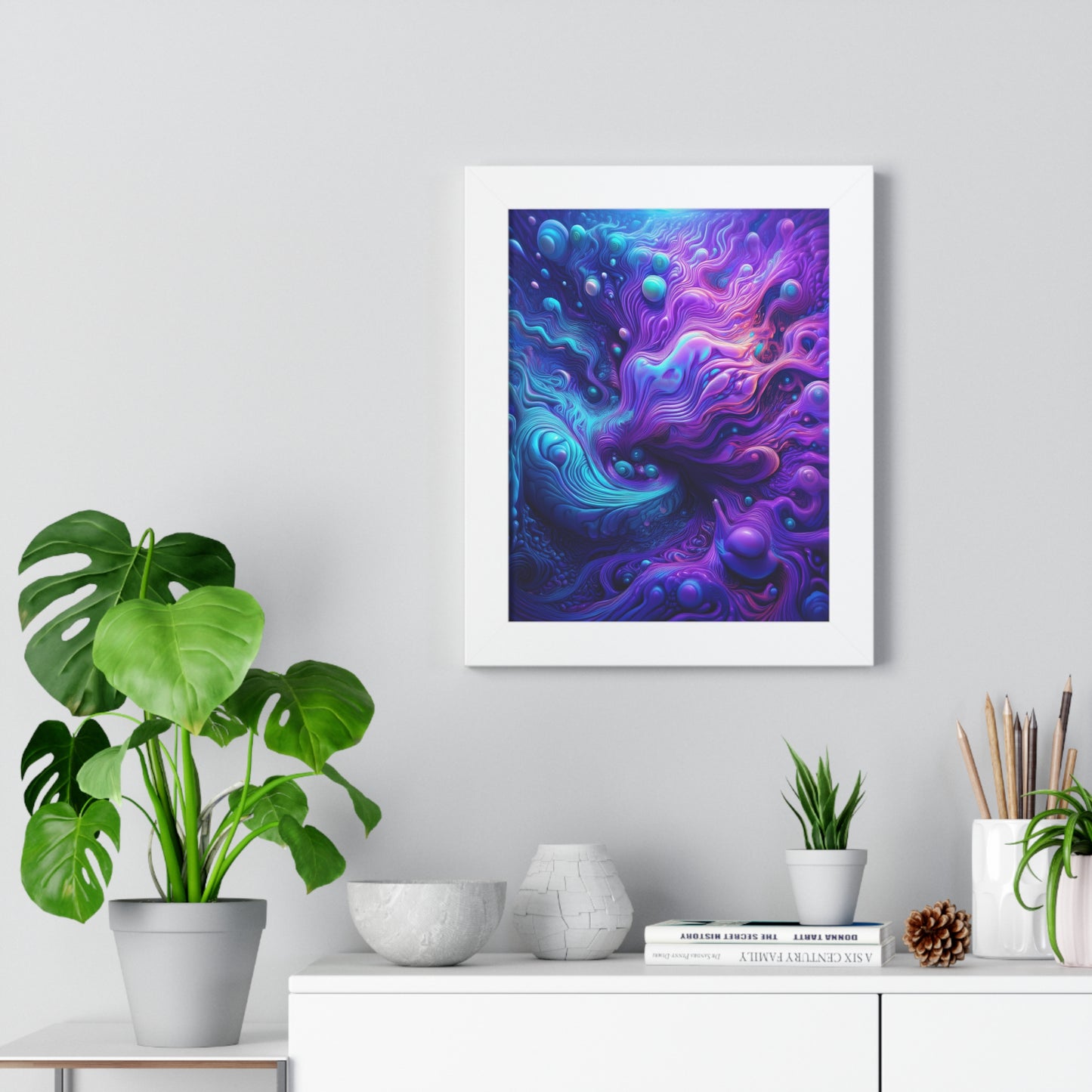 Ethereal Depths Abstract Art Framed Vertical Poster - Vibrant Purple and Blue Design for Home Decor