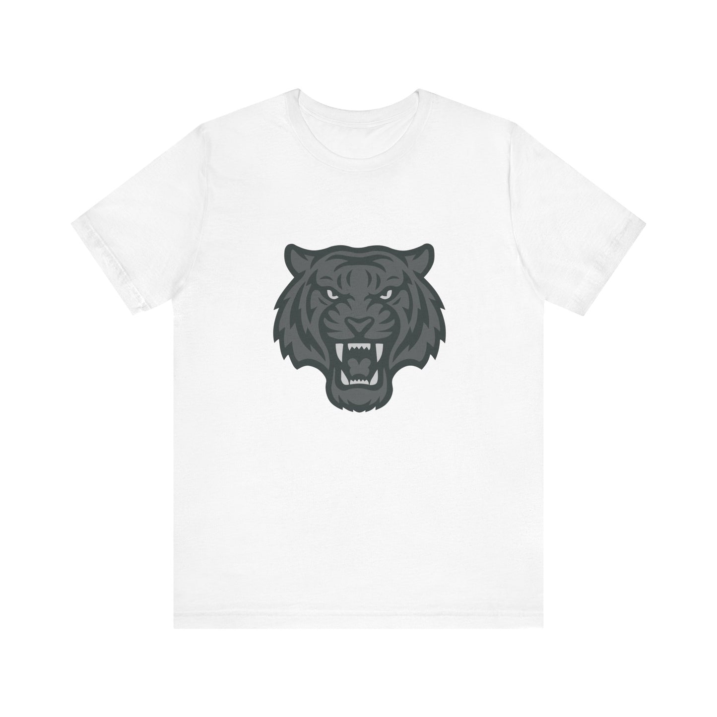 Tiger Head Graphic T-Shirt – Dark Theme Grayscale Roaring Beast Design on Black Tee with Fierce Focus and Modern Ghost Effect. Unisex Jersey Short Sleeve Tee