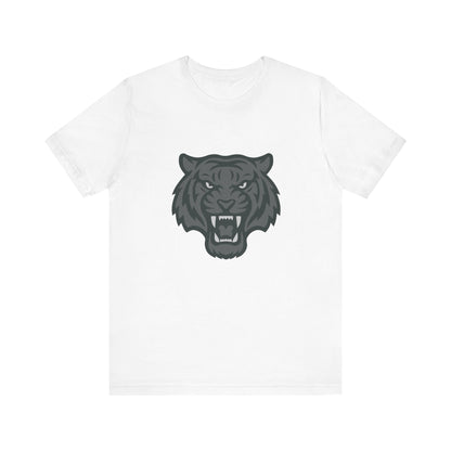 Tiger Head Graphic T-Shirt – Dark Theme Grayscale Roaring Beast Design on Black Tee with Fierce Focus and Modern Ghost Effect. Unisex Jersey Short Sleeve Tee