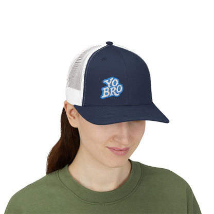 Yo Bro Trucker Hat – Embroidered Blue & White Hat for Laid-Back Vibes