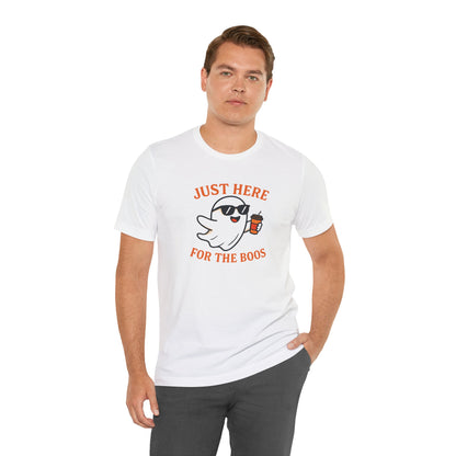 Just Here for the Boos Halloween Shirt – Funny Ghost Drinking Coffee Graphic Tee for Spooky Season