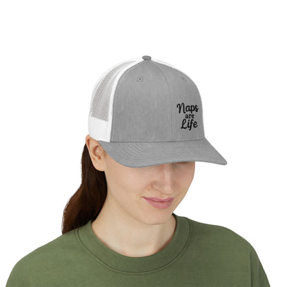 Naps Are Life Trucker Hat – Embroidered Funny Hat for Pro-Level Nappers. Black Letters