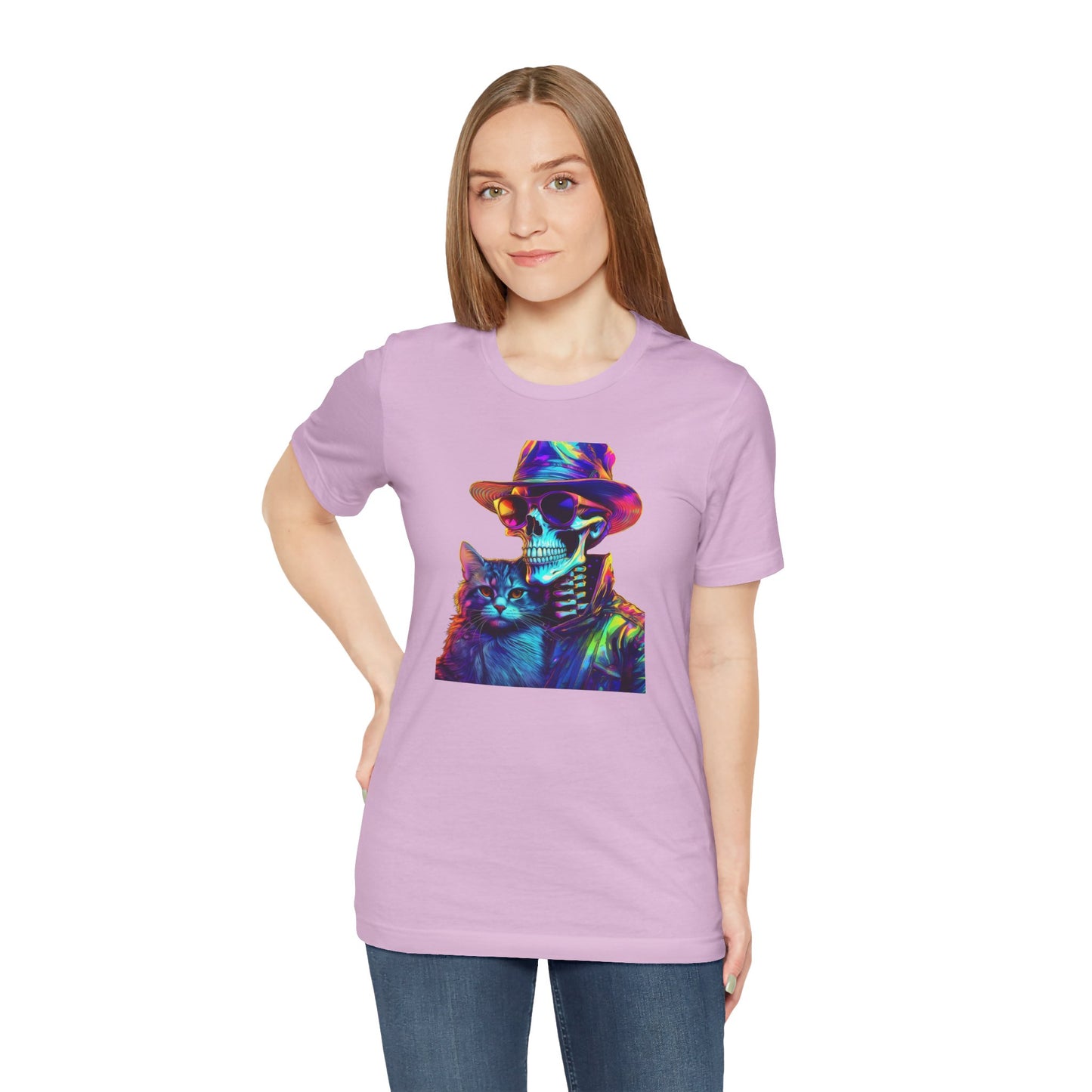Cool Skeleton and Cat Halloween Shirt – Neon Retro Horror Graphic Tee for Spooky Style and Cat Lovers
