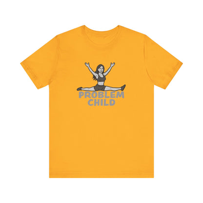 Problem Child Graphic Tee Cheerful Rebel Jump Pose in Bold Dark Theme Monochrome Style. Unisex Jersey Short Sleeve Tee