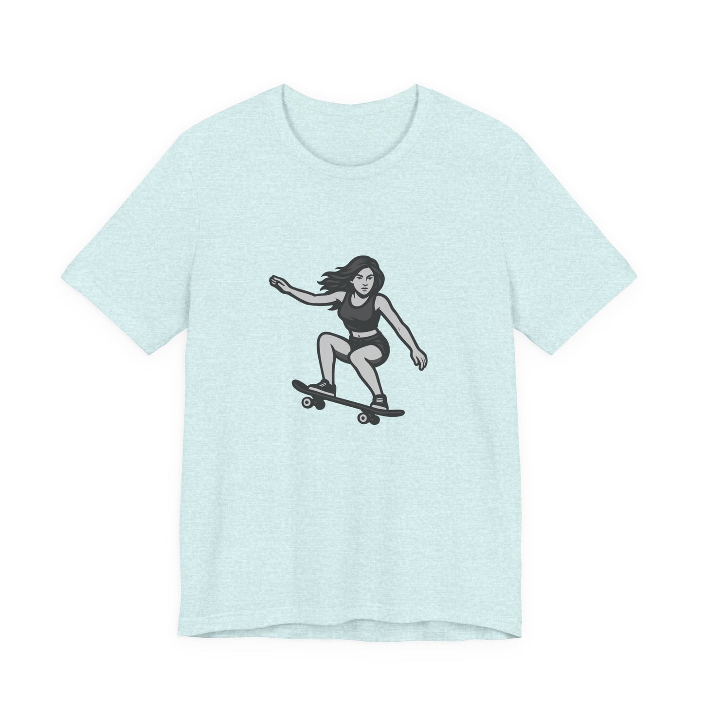 Skater Girl Graphic T-Shirt – Dark Theme Grayscale Skateboarding Design on Black Tee with Bold Motion and Modern Ghost Effect. Unisex Jersey Short Sleeve Tee