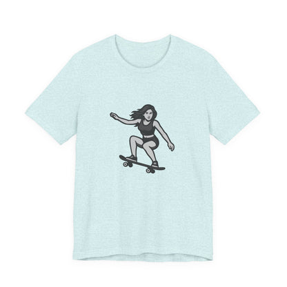 Skater Girl Graphic T-Shirt – Dark Theme Grayscale Skateboarding Design on Black Tee with Bold Motion and Modern Ghost Effect. Unisex Jersey Short Sleeve Tee