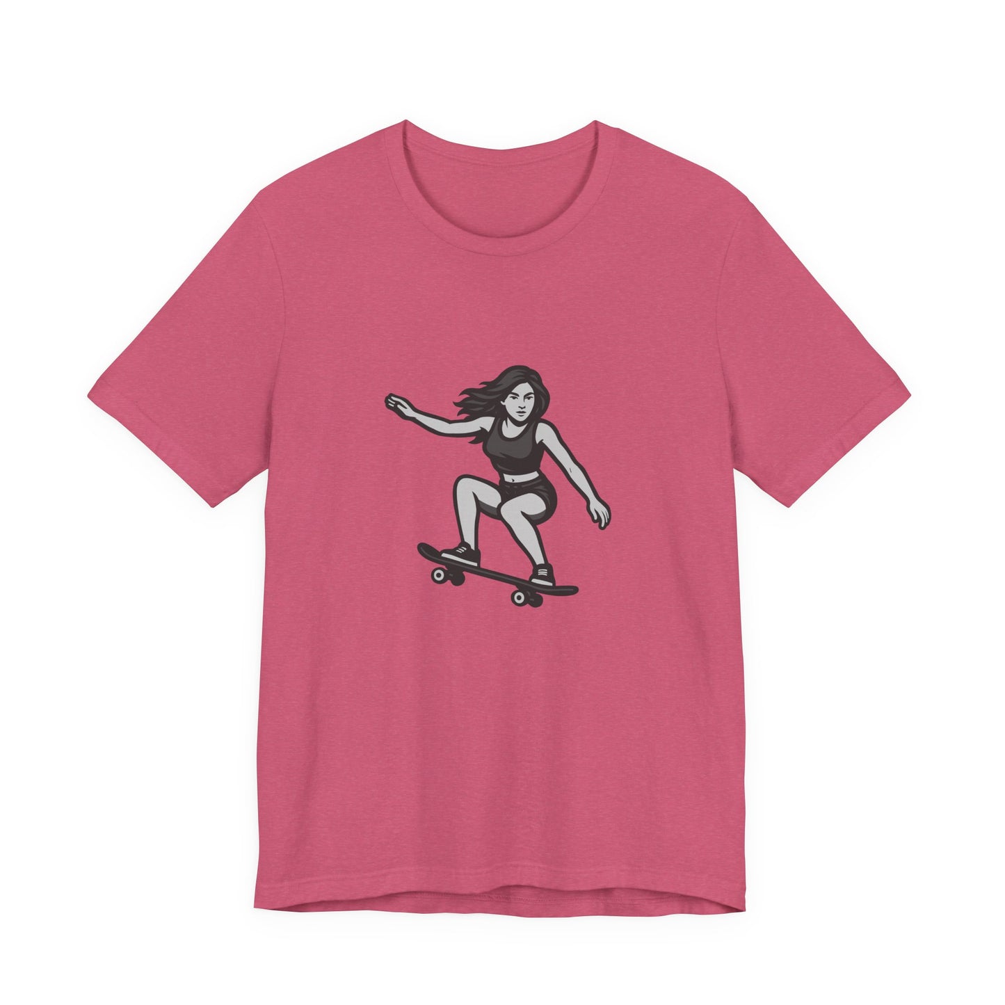 Skater Girl Graphic T-Shirt – Dark Theme Grayscale Skateboarding Design on Black Tee with Bold Motion and Modern Ghost Effect. Unisex Jersey Short Sleeve Tee