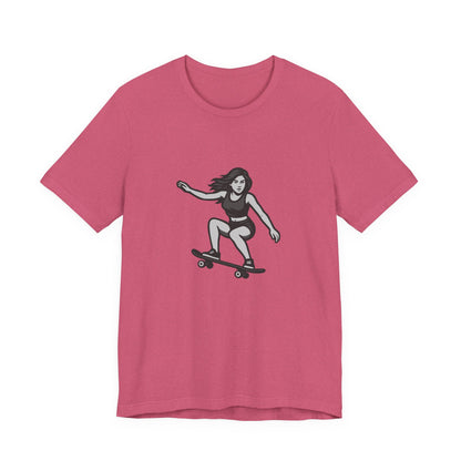Skater Girl Graphic T-Shirt – Dark Theme Grayscale Skateboarding Design on Black Tee with Bold Motion and Modern Ghost Effect. Unisex Jersey Short Sleeve Tee