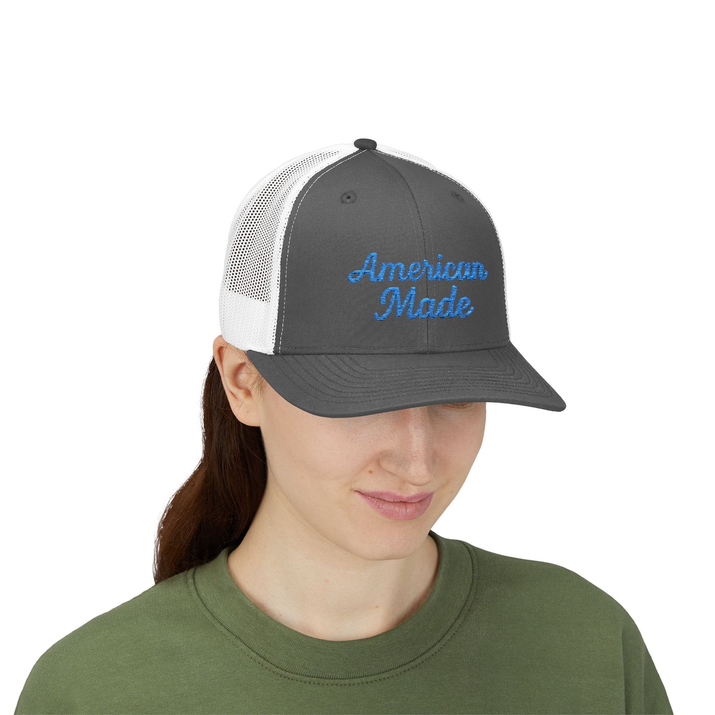 American Made Trucker Hat – Embroidered Patriotic Hat with Retro Script for USA Pride and Everyday Freedom. Blue Letters