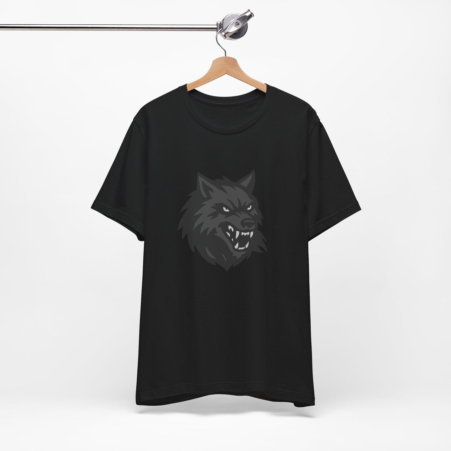 Dark Theme Wolf Head Shirt – Fierce Growling Wolf Face Graphic in Black and Grey for Bold, Edgy Style. Unisex Jersey Short Sleeve Tee