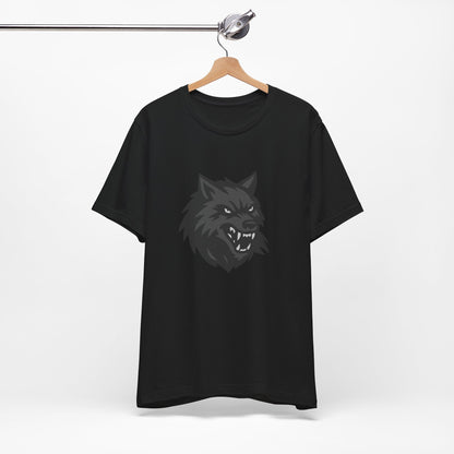 Dark Theme Wolf Head Shirt – Fierce Growling Wolf Face Graphic in Black and Grey for Bold, Edgy Style. Unisex Jersey Short Sleeve Tee