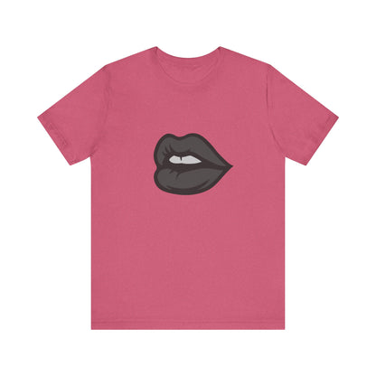 Dark Lips Graphic T-Shirt – Dark Theme Grayscale Biting Lip Design on Black Tee with Subtle Seduction and Modern Ghost Effect. Unisex Jersey Short Sleeve Tee
